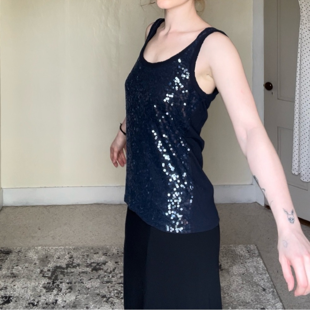 J. Crew Blue Sequin Sparkle Sleeveless Tank Top Raw Hem 100% Cotton Comfy Fun - Picture 7 of 12